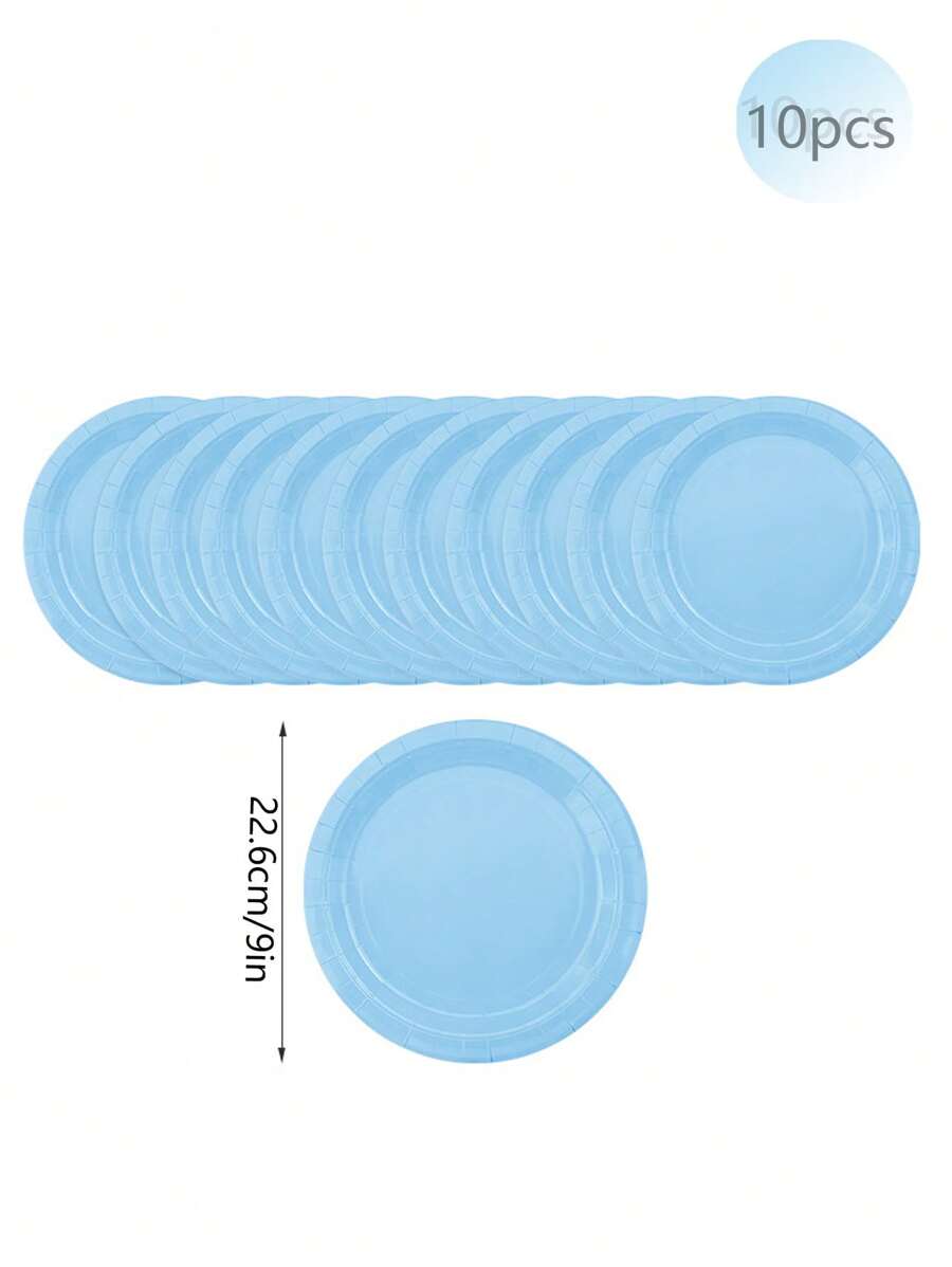 10pcs Light Blue Party Supply Set Including Paper Plates, Cups, Napkins