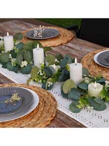 1/2pcs Artificial Eucalyptus Leaf Candle Ring, Column Candle Wreath For Wedding And Home Decoration, Green Candlestick For Spring And Summer. - Multicolor - View 3