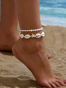 2 pezzi Bracciale alla caviglia bohémien con perle finte, conchiglie e stelle marine per donne, regalo da spiaggia