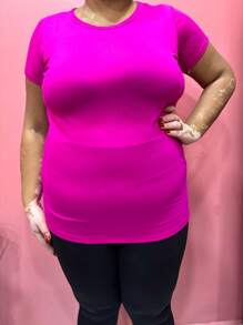 Basic Plus Size Round Neck Short Sleeve - 玫紅色 - 查看 2