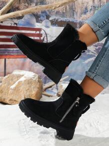 女士新款冬季短款雪地靴，多功能保暖内衬鞋，西部风格，黑色，高筒靴，靴子，毛绒靴 - 黑色 - 查看 3