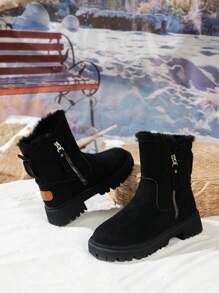 女士新款冬季短款雪地靴，多功能保暖内衬鞋，西部风格，黑色，高筒靴，靴子，毛绒靴 - 黑色 - 查看 6