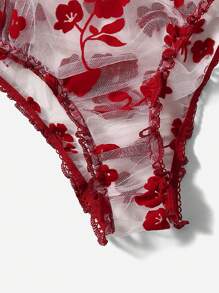 1set Floral Print Sheer Mesh Lingerie Set - Red - View 4