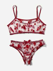 1set Floral Print Sheer Mesh Lingerie Set - Red - View 2