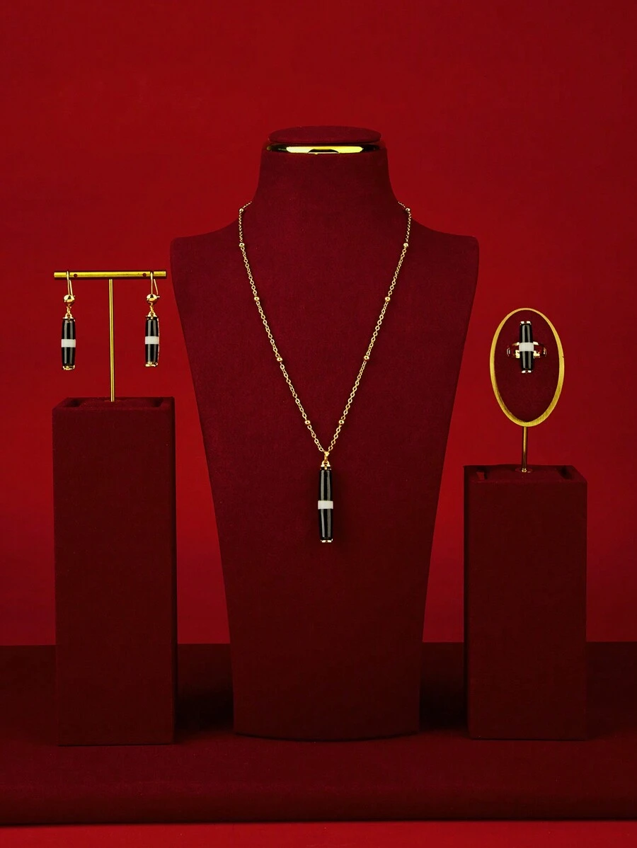 1 set Conjunto de joyas de alta gama de cobre vintage exagerado y elegante, incluye collar, anillo, aretes, adecuado para mujeres en ocasiones de ocio, fiesta, diario, regalos de Navidad y vacaciones - Dorado - Ver 1