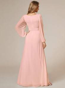 Elegant Chiffon Round Neck Lantern Sleeve Long Sleeve Light Pink Bridesmaid Dress, Suitable For Special Occasions, Galas, Wedding Guests, Etc. - Baby Pink - View 3