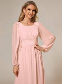 Elegant Chiffon Round Neck Lantern Sleeve Long Sleeve Light Pink Bridesmaid Dress, Suitable For Special Occasions, Galas, Wedding Guests, Etc. - Baby Pink - View 7