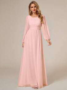 Elegant Chiffon Round Neck Lantern Sleeve Long Sleeve Light Pink Bridesmaid Dress, Suitable For Special Occasions, Galas, Wedding Guests, Etc. - Baby Pink - View 4
