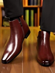 男士复古切尔西靴，英伦风格尖头软底低跟休闲皮靴 - 酒紅色 - 查看 3