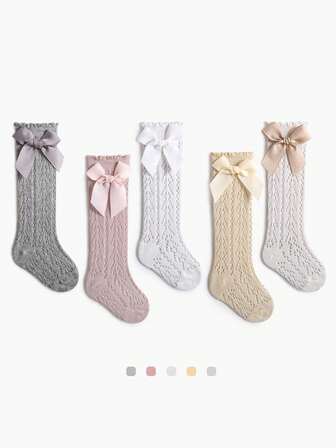 5 双多色春夏新款女孩网眼及膝袜带蝴蝶结装饰