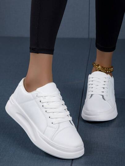 Women's Round Toe Lace-Up Soft Bottom Sneakers, Casual College Style Versatile Lightweight Comfortable White Shoes