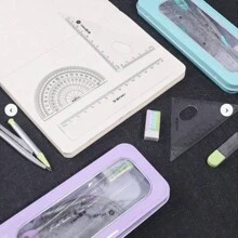 Juego de 7 piezas/caja que incluye regla, compás, regla triangular, útiles escolares, estuche a prueba de roturas, compás para geometría, juego de transportador, kit de geometría, herramientas de dibujo, juego de dibujo técnico (con un número aleatorio de minas en cada set), útiles escolares, de vuelta a la escuela