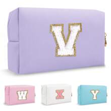 Personalized Initial Letter Patch Makeup Bag, Preppy Small Chenille Letter Cosmetic Bag With Zipper, PU Leather Waterproof Travel Toiletry Bag Monogram Make Up Pouch For Women Girls Makeup Bags Makeup Organizer Make Up Organizer Makeup Storage