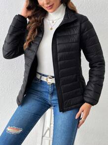 Chaqueta De Plumón De Manga Larga Con Cremallera Frontal - Negro - Ver 4