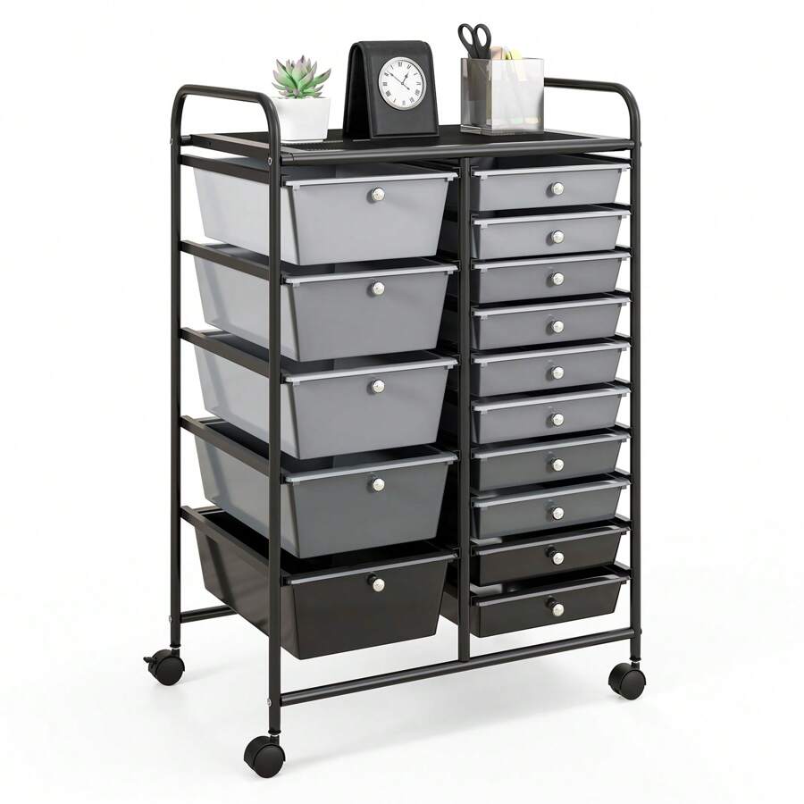 15 Drawers Rolling Storage Cart, Tools Scrapbook Paper Organizer, Multipurpose Lightweight Cart For School, Office, Home, Beauty Salon, Grey - Grey - View 1