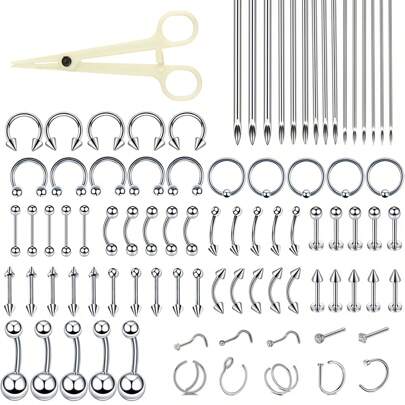 86 件/套穿刺套件，适用于所有身体穿刺，带穿刺首饰，适用于鼻中隔肚脐唇耳舌软骨眉毛，12G 14G 16G 18G 和 20G 穿刺针随机混合