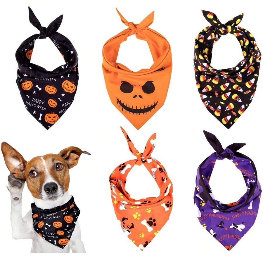 Bandanas de Halloween para perros, pañuelos triangulares para mascotas lavables, pañuelos para el cuello de mascotas, baberos para perros, con diseños de calabaza, fantasma, maíz de caramelo y huesos, talla mediana