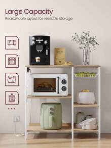 Baker's Rack, Coffee Bar Stand With Charging Station, Storage Shelves, Pull-Out Wire Basket, Table For Microwave, Kitchen, Oak Beige, 15.7 X 35.4 X 35.6 Inches - 米色 - 查看 4