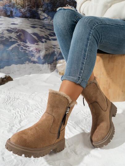 Women's Winter Short Plush Lined Ankle Boots Western Style Warm, Suitable For Camping Wear With Cardigan, Faux Suede, Match With Sweater, Brown Suitable For Women Outdoor Shoes With Hoodie,Fur Boots