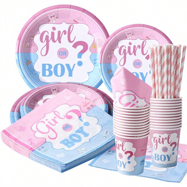 120PCS 24 Guests Gender Reveal Plates Tablewares Supplies, Includes Gender Reveal Plates, Cups And Napkins And Paper Straws, Boy Or Girl For Party Dinnwares Decorations