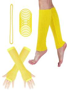 D EXCEED 2/4 件女式 80 年代复古服装配饰套装，包括霓虹手镯、串珠亚克力项链、渔网手套和暖腿套，适合 80 年代主题派对、夜总会活动、万圣节、情人节、狂欢节、复活节 - 多色 - 查看 17