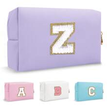 Personalized Initial Letter Patch Makeup Bag, Preppy Small Chenille Letter Cosmetic Bag With Zipper, PU Leather Waterproof Travel Toiletry Bag Monogram Make Up Pouch For Women Girls Makeup Bags Makeup Organizer Make Up Organizer Makeup Storage