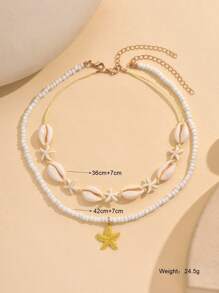2pcs Boho Style Seashell Beaded Starfish Pendant Necklace Set, Fashion Beach Holiday Accessory For Women