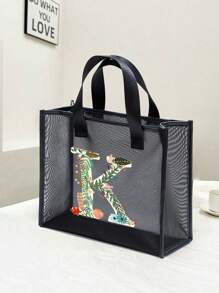 大容量时尚网眼手提包, 刻字装饰网眼包, 沙滩包, 沙滩包, 适合海滩度假收纳购物, 刻字花卉图案自然元素老师答谢礼物, 女士大容量手提包, 暑假包, 旅行必备, 字母印花时尚教师手提包, 学校礼物, 婚礼节日礼品袋, 派对包礼品袋, - 黑色 - 查看 10