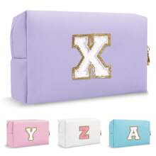 Personalized Initial Letter Patch Makeup Bag, Preppy Small Chenille Letter Cosmetic Bag With Zipper, PU Leather Waterproof Travel Toiletry Bag Monogram Make Up Pouch For Women Girls Makeup Bags Makeup Organizer Make Up Organizer Makeup Storage