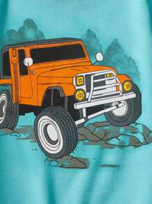 1pc Young Boys Cartoon Off-Road Vehicle Print Round Neck Short Sleeve T-Shirt, Casual Outdoor Wear, Fashionable Spring/Summer Style