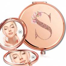 女士金属放大化妆镜折叠双面化妆镜便携式手持镜可放口袋钱包适合户外旅行姓名首字母 26 个字母图案适合情人节母亲节礼物 - 金色 - 查看 12