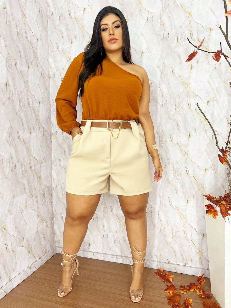 Short Plus Size Social Tailoring With Elegant Belt High Waist - 米色 - 查看 1