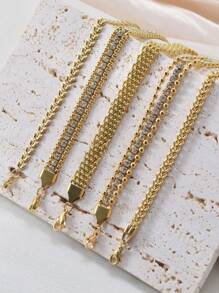 适合女性日常佩戴的镶有钻石和镀金手链的不锈钢首饰套装 - 金黃色 - 查看 3