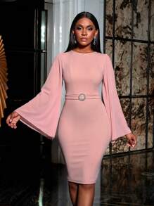 Faeriesty 波浪袖鑽石O環裝飾雞尾酒派對禮服 - 粉色 - 查看 3