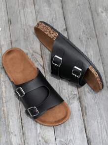 Fashion Buckle Strap Soft Cork Slippers, Summer Casual Beach Sandals, Unisex - Black - View 7