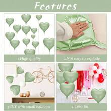 Grayish-Green Heart-Shaped Balloon, 10pcs Green Aluminum Foil Heart-Shaped Balloon, 45.72cm Olive Green Heart-Shaped Balloon For Helium Birthday Party Decoration, Jungle Birthday Party, Valentine's Day, Wedding, Anniversary Celebration, Christmas - Multicolor - View 8