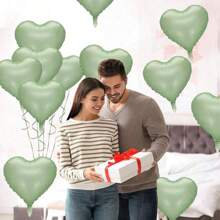 Grayish-Green Heart-Shaped Balloon, 10pcs Green Aluminum Foil Heart-Shaped Balloon, 45.72cm Olive Green Heart-Shaped Balloon For Helium Birthday Party Decoration, Jungle Birthday Party, Valentine's Day, Wedding, Anniversary Celebration, Christmas - Multicolor - View 4