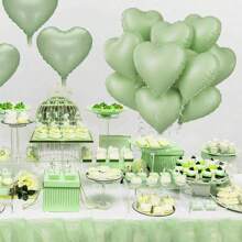 Grayish-Green Heart-Shaped Balloon, 10pcs Green Aluminum Foil Heart-Shaped Balloon, 45.72cm Olive Green Heart-Shaped Balloon For Helium Birthday Party Decoration, Jungle Birthday Party, Valentine's Day, Wedding, Anniversary Celebration, Christmas - Multicolor - View 5
