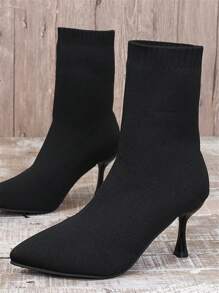 Queenzoo 女士尖头高跟短靴，针织弹力袜靴，适合秋冬季 - 黑色 - 查看 2
