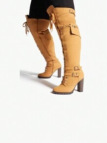 Buckle Strap Wide Calf Thigh High Boots For Women Chunky Block High Heel Over The Knee Boots Lace Up Riding Combat Boots Ladies Side Zipper Tall Long Boots - 摩卡棕 - 查看 2