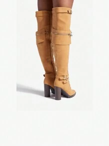 Buckle Strap Wide Calf Thigh High Boots For Women Chunky Block High Heel Over The Knee Boots Lace Up Riding Combat Boots Ladies Side Zipper Tall Long Boots - 摩卡棕 - 查看 4