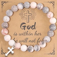 Pulsera con colgante de cruz de ágata púrpura de piedra de grano roja, pulsera de cruz de oración de piedra natural con tarjeta - Multicolor - Ver 12