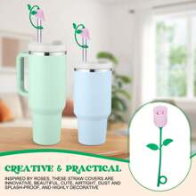 Straw Toppers For Cup,Straw Cover Cap Compatible With 20 30 40 Oz Tumbler And Water Bottles,6-10mm Straw Accessories,Silicone Rose Flower 2pcs - Hồng - Xem 3