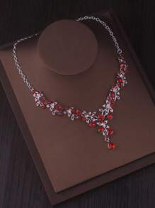 Luxury Bride Jewelry Set: Crystal Water Drop Necklace & Earrings In Purple, Blue, Red - Wedding Dress, Formal Gown, Stage Performance Accessory