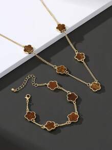 1pc Men Fashion Business Style Lucky Clover Pendant Necklace With A Matching Bracelet Set Valentines - Brown - View 3