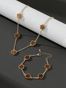 1pc Men Fashion Business Style Lucky Clover Pendant Necklace With A Matching Bracelet Set Valentines - Brown - View 2
