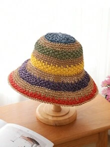 1 pieza Sombrero plegable estilo escolar retro de rayas de colores tejido, adecuado para uso diario, casual y de viaje - multicolor - Ver 2
