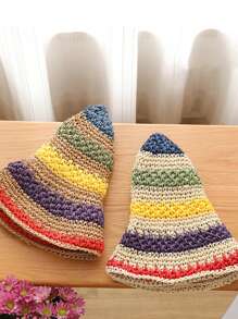 1 pieza Sombrero plegable estilo escolar retro de rayas de colores tejido, adecuado para uso diario, casual y de viaje - multicolor - Ver 3