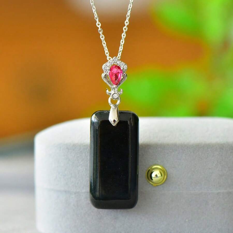 1pc Natural Black Gemstone Peace Necklace Set Pendant, Black Gemstone Gold Plated Inlay, Gold Jade Fashion Jewelry, Fashion Jewelry, Women's Necklace Jewelry, Gem Necklace, Holiday Gifts, Gifts For Her. - A - View 1