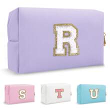 Personalized Initial Letter Patch Makeup Bag, Preppy Small Chenille Letter Cosmetic Bag With Zipper, PU Leather Waterproof Travel Toiletry Bag Monogram Make Up Pouch For Women Girls Makeup Bags Makeup Organizer Make Up Organizer Makeup Storage